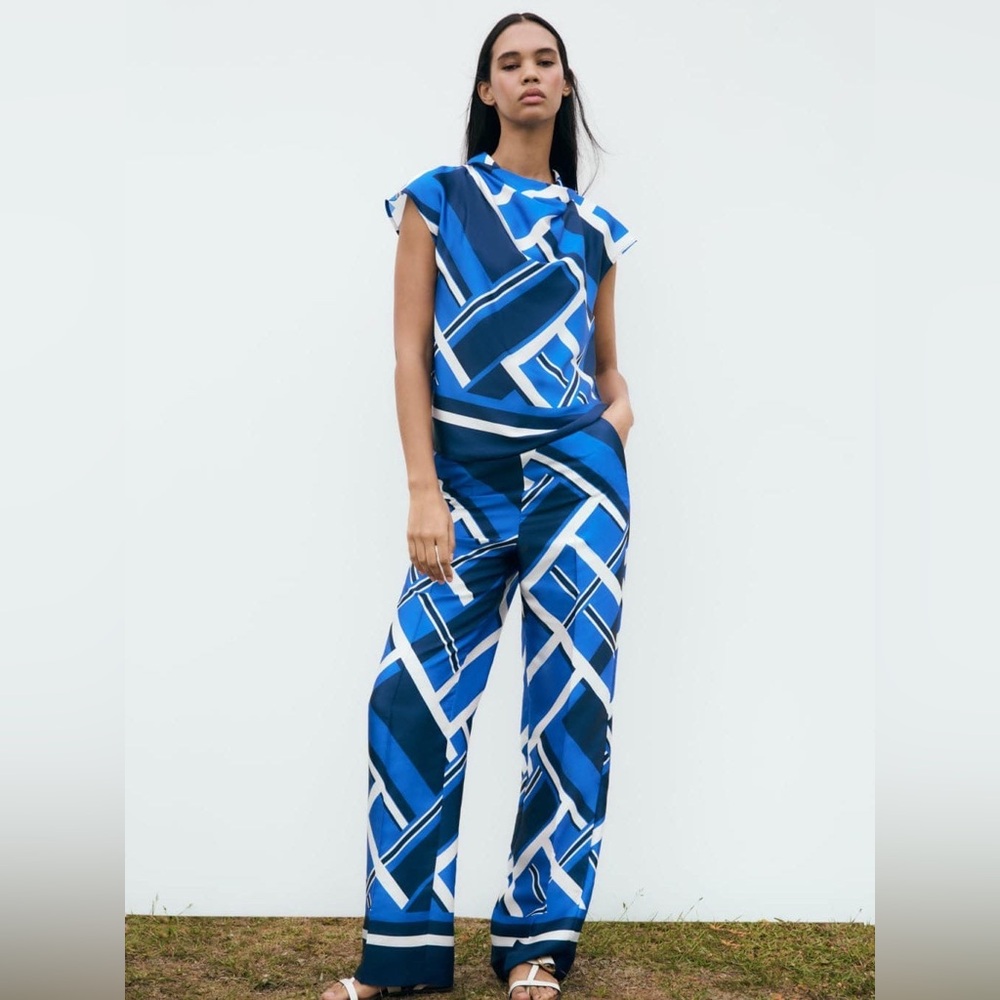 New ! Zara 2 Pc Set Geometric Print Top and Wide Leg Pants XS/S